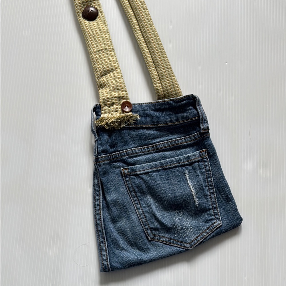 Up cycled Denim Crossbody Bag with fabric straps embellished - vintage buttons